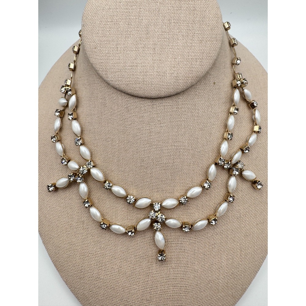 Vintage Leru Necklace White Rhinestone Festoon Choker Wedding